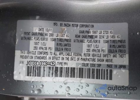 2012 Mazda Cx-9 Touring z USA, uszkodzony, nr VIN JM3TB3CV0C0344052